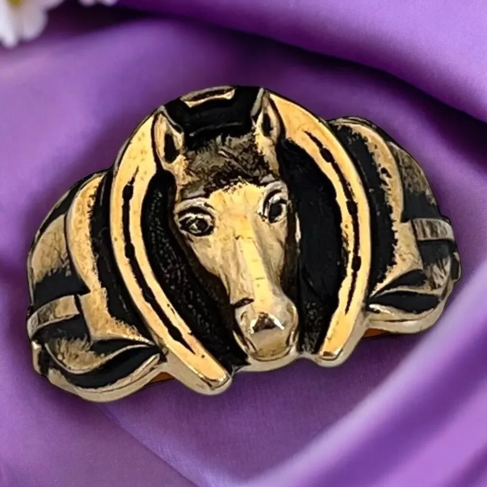 Vintage 1970s Ring Size 11 Clark Coombs Horse Horseshoe Figural Gold Plate - 14P